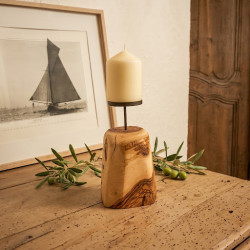 Bougeoir artisanal en bois d'olivier brut & support métallique