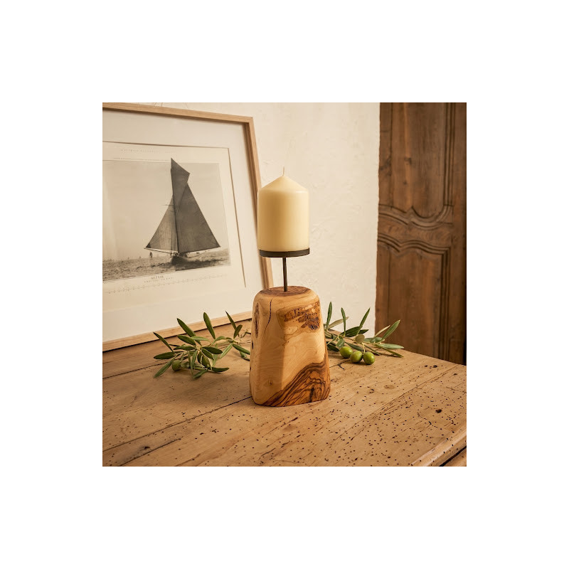 Bougeoir artisanal en bois d'olivier brut & support métallique